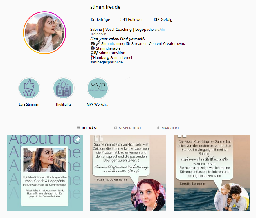 Screenshot eines Instagram-Profils mit Posts und Story-Highlights, zeigt einen persönlichen Account.