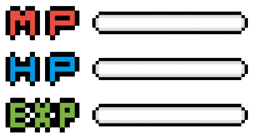 Pixel-Animation zeigt drei Leisten: MP (Mana Points) in Rot, HP (Health Points) in Blau, und EXP (Experience Points) in Grün. Die Leisten füllen sich in verschiedenen Stufen auf, um den Fortschritt anzuzeigen.