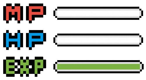Pixel-Animation zeigt drei Leisten: MP (Mana Points) in Rot, HP (Health Points) in Blau, und EXP (Experience Points) in Grün. Die Leisten füllen sich in verschiedenen Stufen auf, um den Fortschritt anzuzeigen.