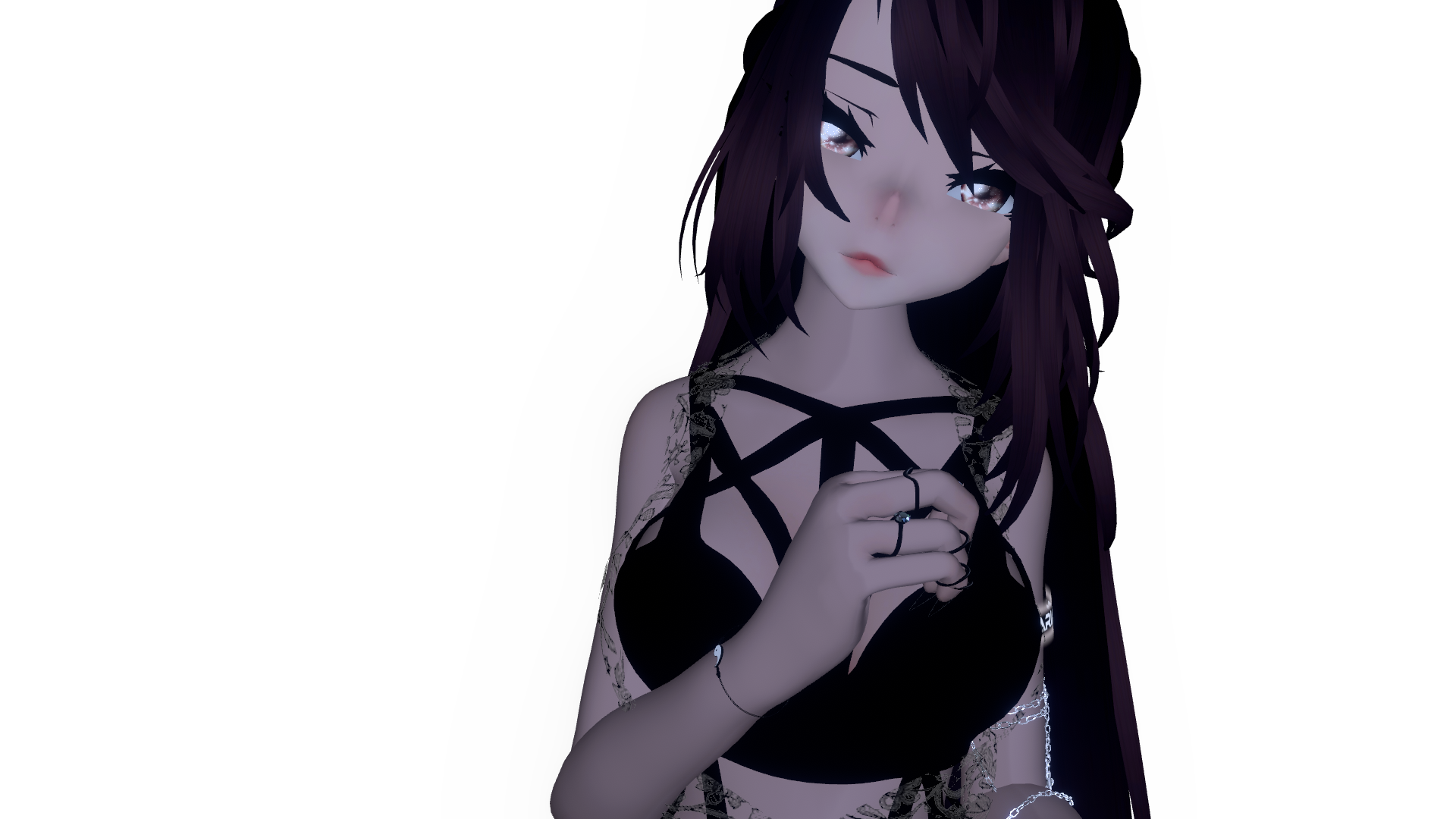 Anime-ähnlicher Charakter mit langen, dunklen Haaren, großen Augen und einem schwarzen Oberteil, hält eine Hand in die Kamera und hat einen verträumten Ausdruck, bekannt als Mariachan.