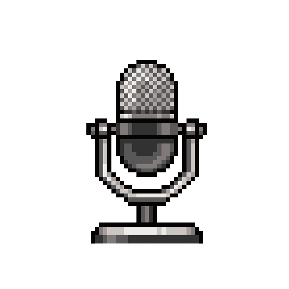 Pixel-Art eines silbernen Standmikrofons.
